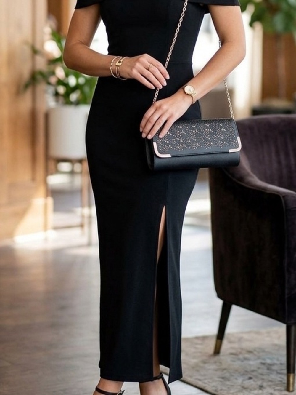 Black Laser-Cut Clutch Wristlet with Gold Chain